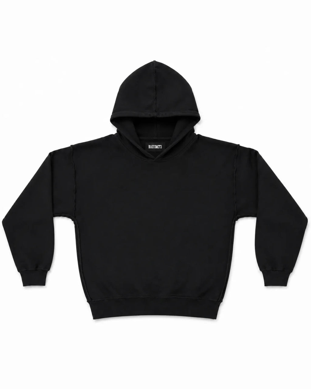 SUDADERA OVERSIZE 550 GSM — COSTURAS EXPUESTAS — NEGRO CON BORDADO ENTRE LOS BOLSILLOS — Negro con bordado entre los bolsillos